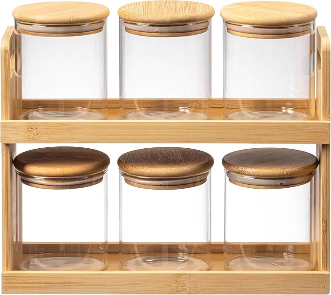 Basicwise Versatile 2-Tier Bamboo Spice Rack and Pantry Organizer with 6 Glass Jars – Perfect for Countertop Storage in Kitchens to Keep Seasoning Containers Neatly Displayed and Easily Accessible
