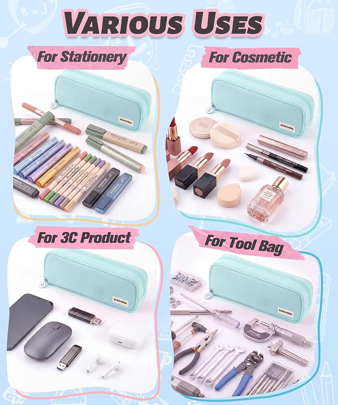FAHZON Cute Pencil Case, 3 Large Compartments Pencil Pouch, Elastic Pen Slots&Mesh Pockets for Stationery, Pencil Bag for School Supplies with Zipper for Girls Boy Women Teens Adults-Blue