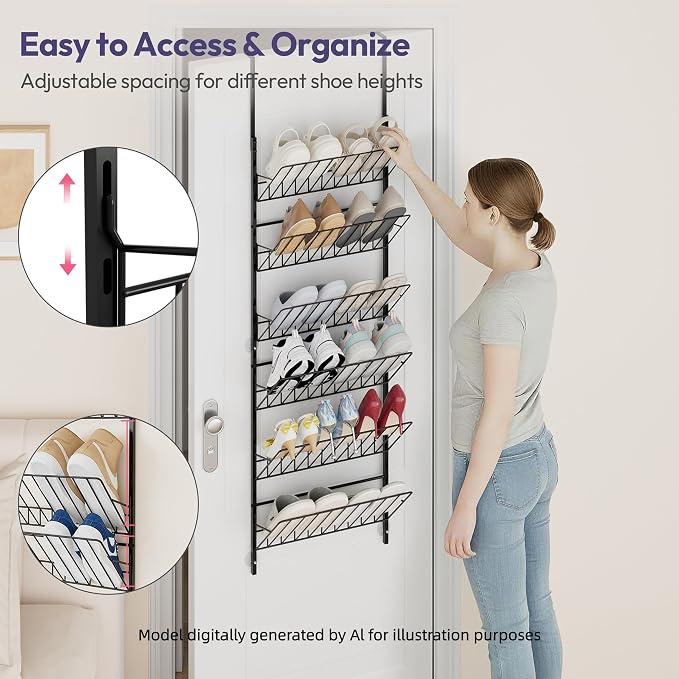 SWTYMIKI Over the Door Shoe Organizer - Adjustable 6 Tier Hanging Shoe Rack Organizer, Metal Heavy Duty Behind Door Storage or Wall Mount Shoes Shelf for Flats, Heels, Sneakers, Boots