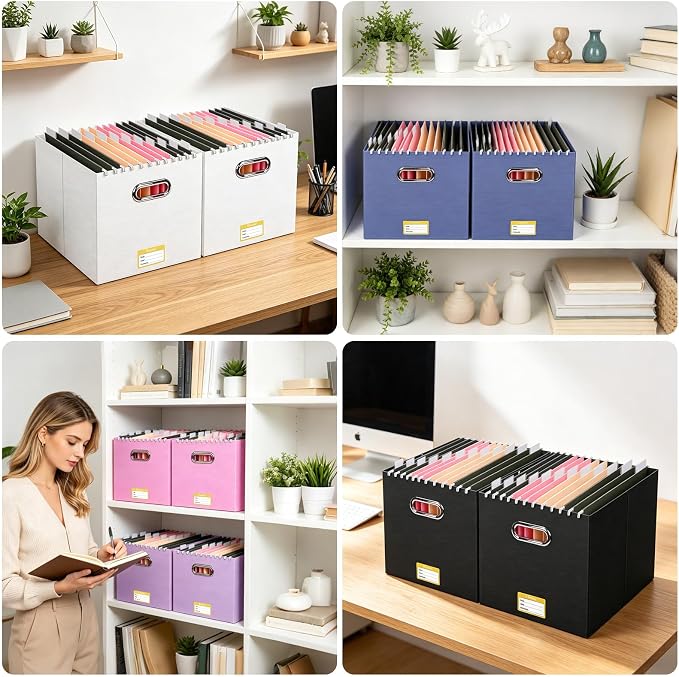 BALEINE File Organizer Box, Cardboard File Folder Organizer with Handle for Letter Size, Portable Collapsible Hanging Filing Box for Home Office Document Storage (8 Pack, Large Black)