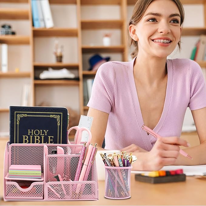 Pink Desk Organizers and Accessories,12pcs Office Desk Accessories Supplies,with Pen Holder, Tape Holder, Stapler, Scissors, Ruler, Staple Remover for Home & School, Office Supplies Gift for Women