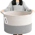 90L Extra Large Blanket Basket,Woven Rope Laundry Basket Hamper with Handles, Decorative Nursery Basket Storage Bin for Toys, Clothes Organizer, Living Room, Bedroom, Bathroom, White&Grey