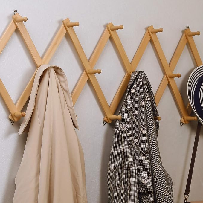 SKOLOO Hat Rack for Wall with 14 Hooks, Pack of 2, Solid Wooden, Modern, Expandable Coat Rack Wall Mount for Coats, Hats, Bags, Baseball Caps, Natural Color