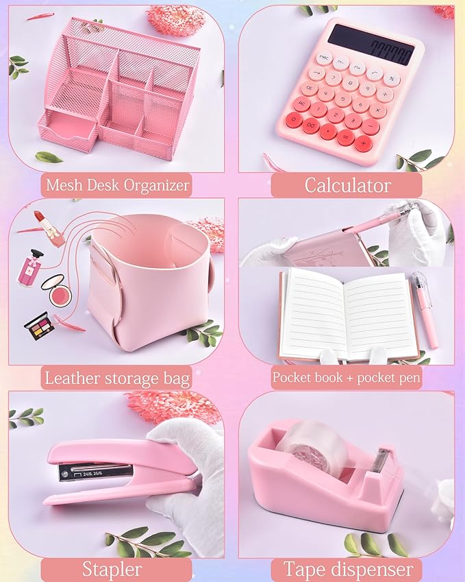 23pc Pink Desk Accessories and Organizers with Mesh Organizer Stapler Tape Dispenser Calculator and a Lot of Office Pink Office Supplies Beautifully Presented in a Gift Box