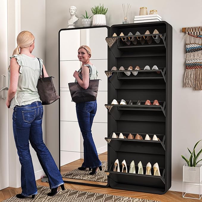 Mirror Shoe Storage Cabinet with 5 Flip Drawers, 15 Pairs | Real Glass Mirror | Fits Men's Size 15 | Entryway Organizer | Narrow Freestanding | Space-Saving | Black