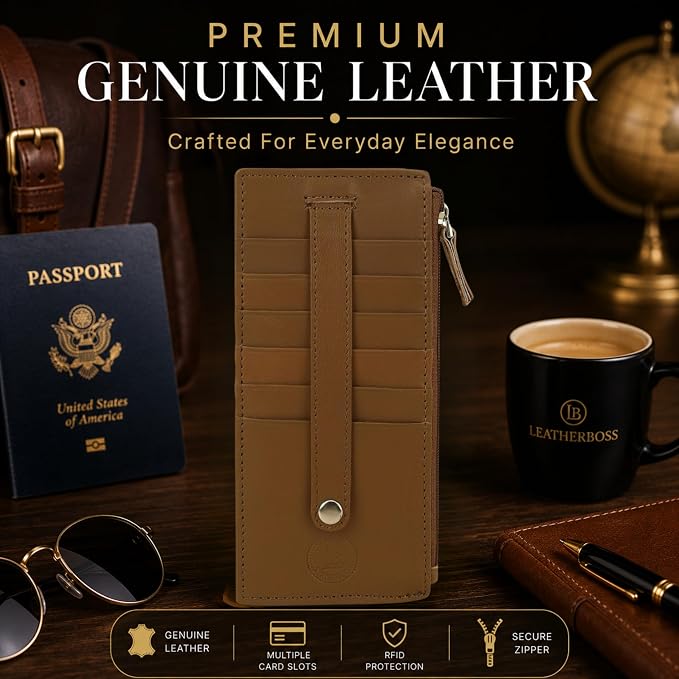 All in One Card Case Holder Slim Wallet With a Card Protection Strap by Leatherboss (Tan)
