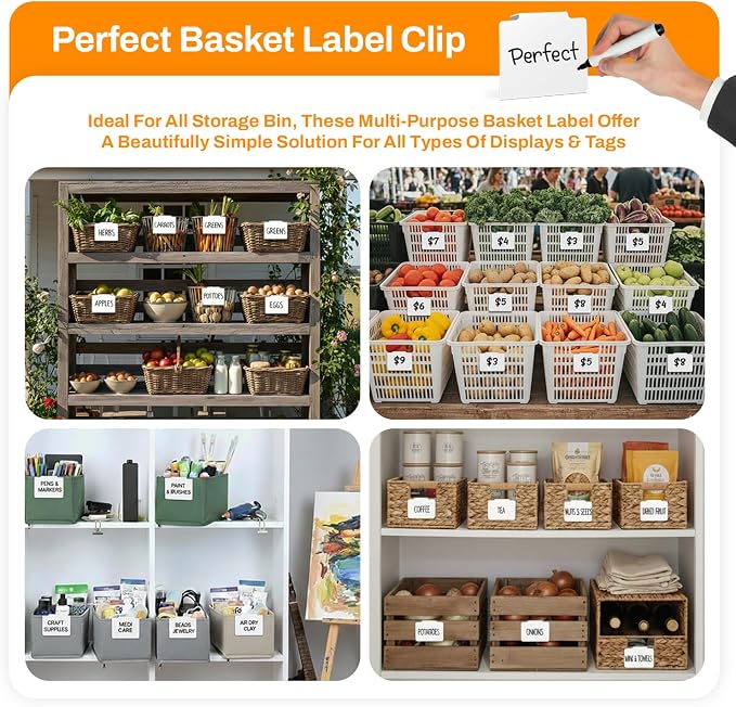 12 Pcs Basket Labels Clip on for Pantry Organization and Storage bin Labels with 2 Markers and 2 Wipe Cloths Reusable Chalk Basket Labels -White Bin Labels Clip on Chalkboard Basket Tags