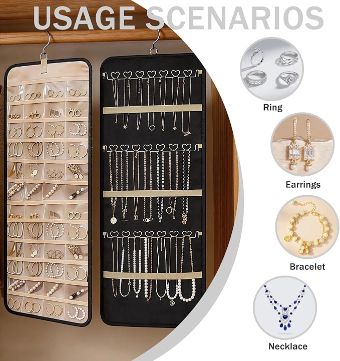 LAKSMI 2 PCS Large Hanging Jewelry Organizer for Closet, Wall or Door, 48 Pockets & 21 Hooks for Earrings, Necklaces and Rings