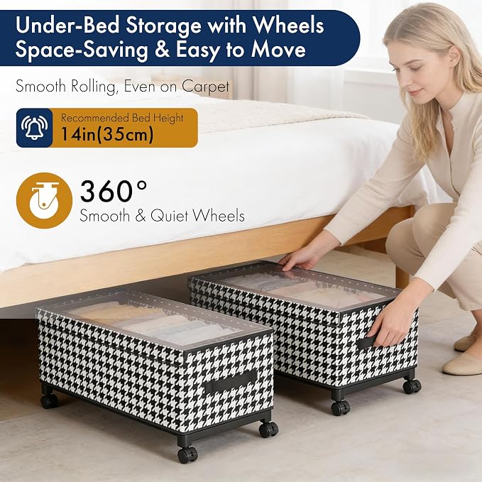 65L Under Bed Storage with Wheels, Adjustable Underbed Storage Bins, Foldable Dustproof Storage Container, 30.3×11.4×11.8 Inch Organizer for Clothes, Shoes, Blankets (black - Transparent Cover)