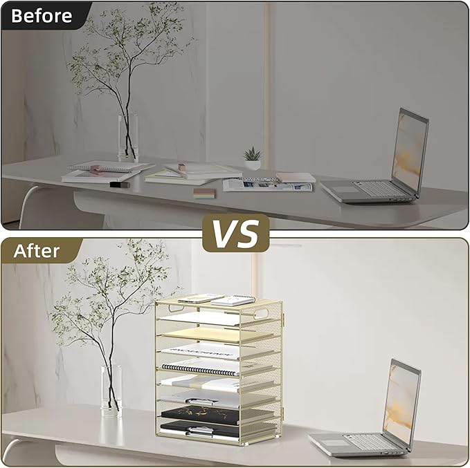 DALTACK 9-Tier Paper Organizer for Desk, Mesh Letter Tray Desk Organizer with Handles, Space-Saving File Organizer for Office Home School, Golden Yellow