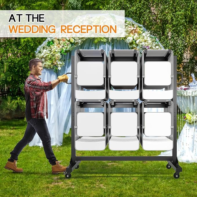 SPECRAFT Folding Chair Rack, Holds 12 Tables or 84 Chairs with 50 PCS Chair Covers, 1100 lbs Capacity, Heavy-Duty Cart with Wheels, Elastic Cords, Cover, Glossy Black
