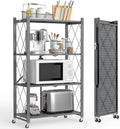 4 Tier Folding Storage Shelf with Wheels – Heavy Duty Metal Organizer Rack, No Assembly Utility Shelving Unit with Locking Casters for Garage, Kitchen, Pantry, Basement, Office (Gray-A, 4 Tier)