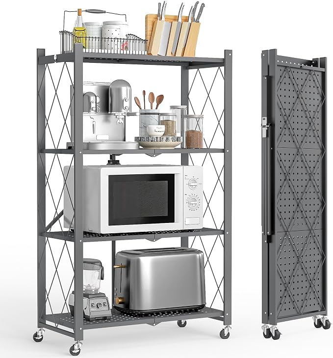 4 Tier Folding Storage Shelf with Wheels – Heavy Duty Metal Organizer Rack, No Assembly Utility Shelving Unit with Locking Casters for Garage, Kitchen, Pantry, Basement, Office (Gray-A, 4 Tier)