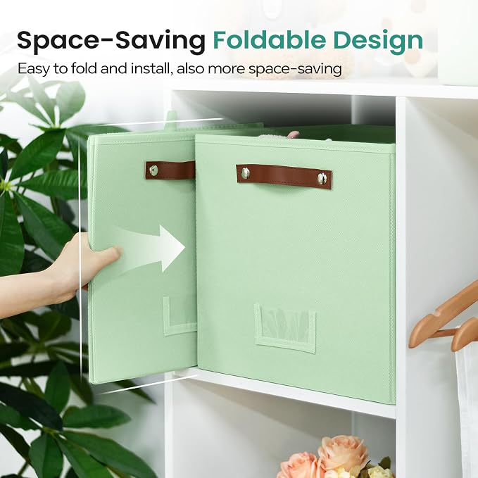 FinishingBo 13 inch Storage Bins with Labels 6 Pack | PU Leather Handles, Foldable Storage Cubes, Storage Baskets, Closet Storage, Green