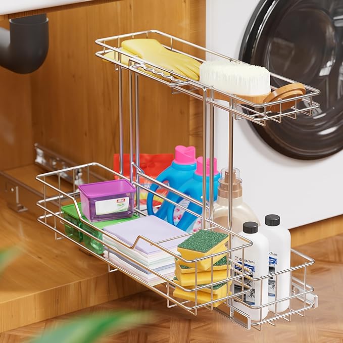 2 Tier Under Sink Organizer 11" W X18 D, Pull Out Cabinet Organizer One Removable Basket, Under Sink Slide Out Chrome Plated, Under Kitchen Bathroom Sink Organizer, 1 Pack