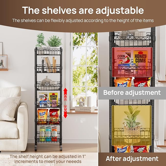 Golpart Basket Shelves Closet Rack with Wheels Metal Pantry Wire Shelf Unit | 6 tier Storage Rolling Shelving Bathroom Organizers Kitchen Garage Laundry Room Organization Home 13.6"Dx13.6"Wx63"H Black