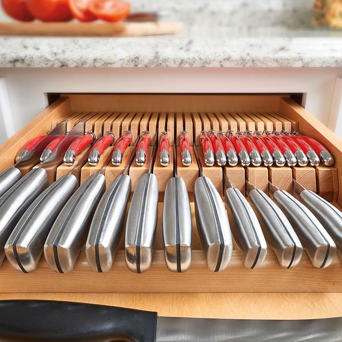 Rev-A-Shelf Dual Row Trim-to-Custom Fit Knife Block Drawer Organizer with Storage Holder for Kitchen Utensils, 55 Slot Cutlery Tray, Wood, 4WDKB-1