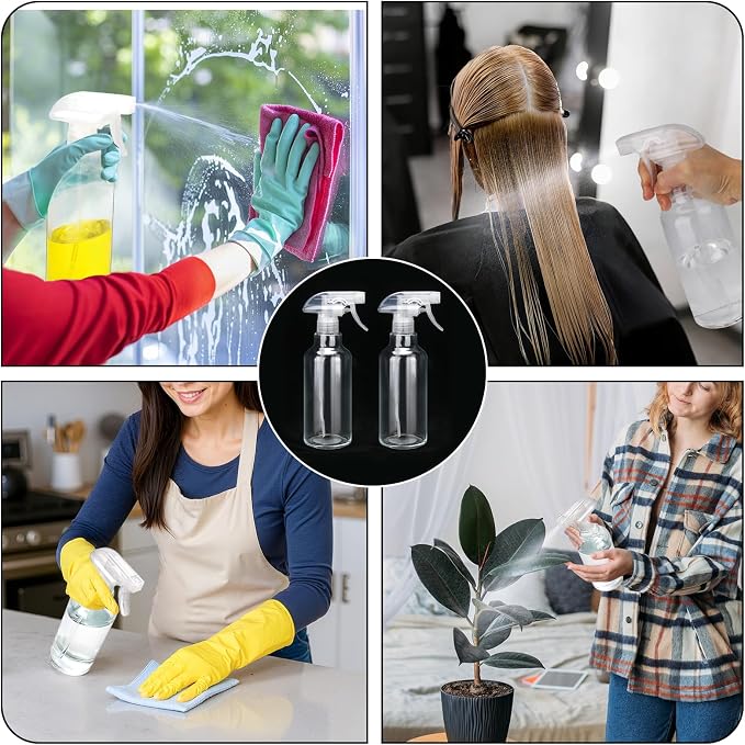 Cosywell Glass Spray Bottles 16.9oz/500ml 2 Pack Clear Empty Spray Bottle | Mist/Stream Heavy Duty, Water Spraying Bottle, for Cleaning, Cooking Solutions, Hair Care, Including a funnel and two lid