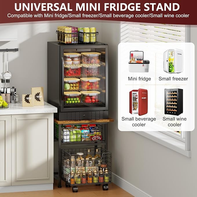 Mini Fridge Stand with Storage, Small Refrigerator Stand with 2 Drawers, Mini Fridge Shelf Cabinet-Max Load 350 LBS Heavy Microwave Stand Mini Fridge Cart for Dorm, Apartment, Kitchen, (Brown)
