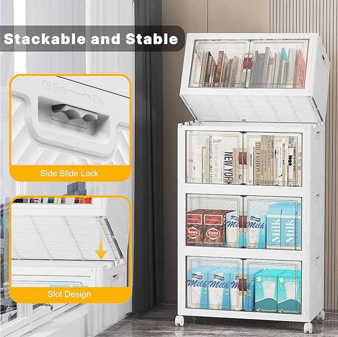 UAMFURI Stackable Storage Bins with Lids, Extra Large Plastic Organizer Cabinet Drawers, 192QT Collapsible Closet Containers with Doors and Wheels,For Bedroom, Kitchen, Office, Garage,(4Pack Cube)