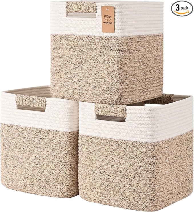 12 Inch Storage Cubes, 3 Pack Cube Storage Bins for Organizing, Cotton Rope Woven Baskets for Shelves, Bathroom, Kids Room, Closets, Baby Nursery