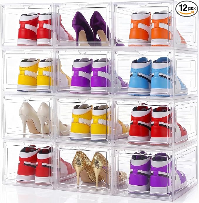 Large Clear Shoe Storage Boxes Stackable, 12 Pack Hard Plastic Shoe Storage Organizer with Magnetic Door, Shoe Container Sneaker Storage Display Case Fit up to US Size 12 Clear