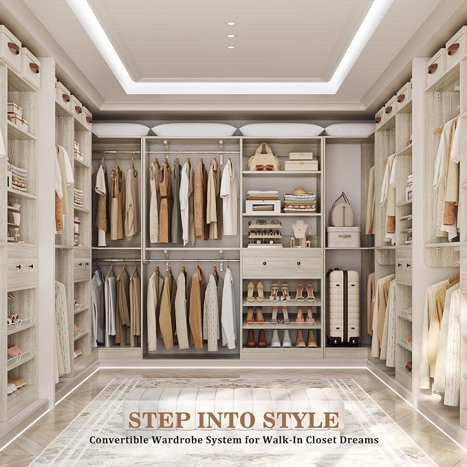 Armocity Closet System Set of 3 - Corner Closet Organizer System with 2 Drawers/16 Shelves/6 Hanging Rods, 151.1" L-Shaped Walk-In Wardrobe Organizer, 2800+ lbs Capacity, White Oak
