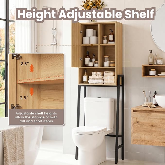 24" W Over The Toilet Storage Cabinet with Fluted Door,Bathroom Organizers and Storage with Adjustable Shelves, Modern Over Toilet Organizer for Bathroom,Restroom,Laundry,Oak