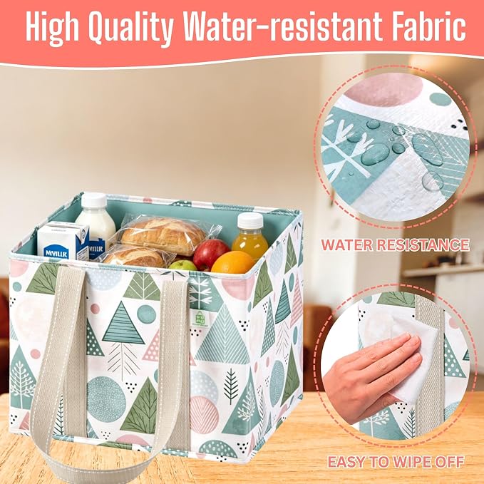 VENO 3 Pack Reusable Grocery Bags, Shopping Bags for Groceries, Tote with Handles and Hard Bottom, Foldable Shopping Cart Organizer, Water Resistant, Heavy-Duty (Pastel Forest, 6 Gallon)