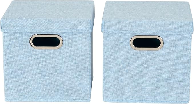 Household Essentials 816-1 Café Cube Bin Storage Set with Lids and Handles | 2 Pack, Baby Blue Linen