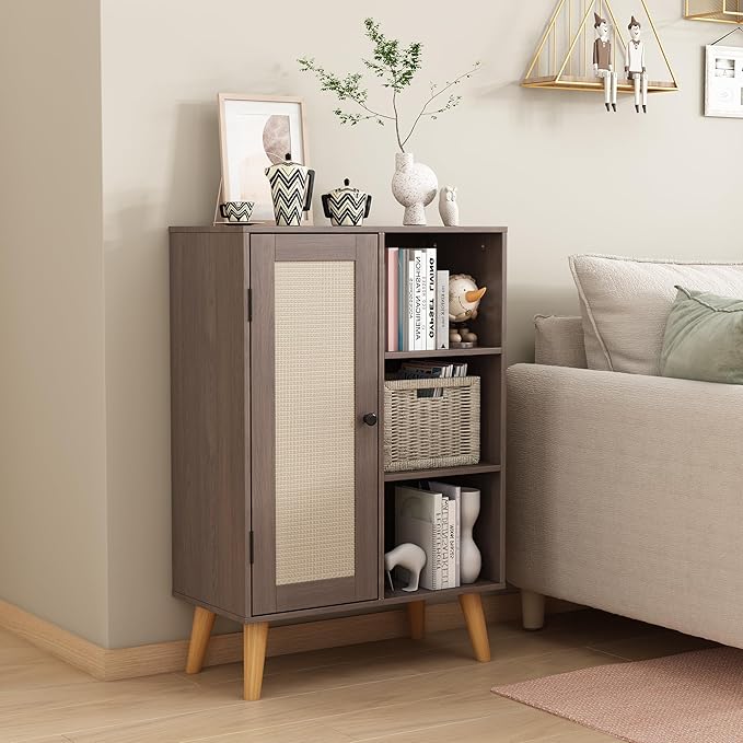 Multifunctional Wooden Storage Cabinet with Rattan Doors, Home Large Capacity Magazine and Book Storage Shenanigans (Oak)