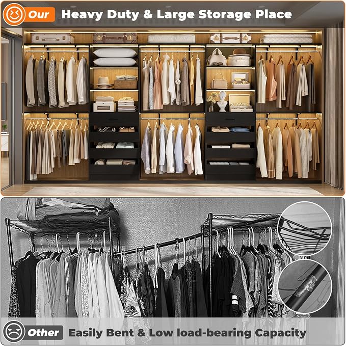 Aheaplus Closet System with Drawers Set of 2, Wood Closet Organizer System with 8 Hanging Rods & Top Shelves, Walk-in Closets Organizer Wardrobe Clothes Rack System, Cut Fits Spaces 4-9FT. Wide, Black
