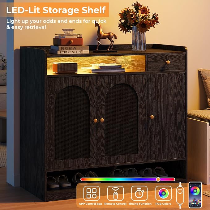 LIKIMIO Rattan Shoe Storage Cabinet, 30 Pairs 6-Tier Shoe Cabinet Storage for Entryway with LED Light, Drawer & Doors, Adjustable Shelves, Shoe Rack Organizer for Hallway, Living Room, Black