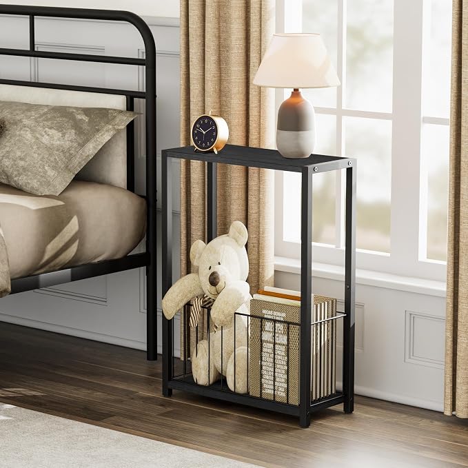 Homleke Narrow Side Tables Set of 2 with Magazine Holder, Skinny End Tables | Space-Saving Design, Small Spaces, Storage Shelf, Metal Frame, Easy Assembly, 7.1" D x 16.9" W x 23.6" H, Black