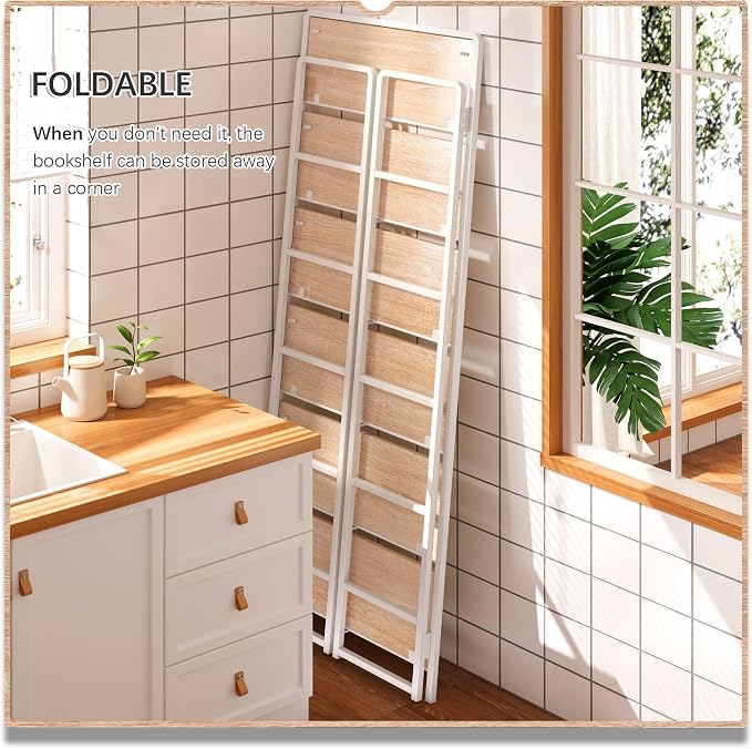 4NM No Assembly 6 Tiers Folding Bookshelf Storage Shelves Vintage Bookcase Standing Racks Study Organizer Home Office (Natural White)