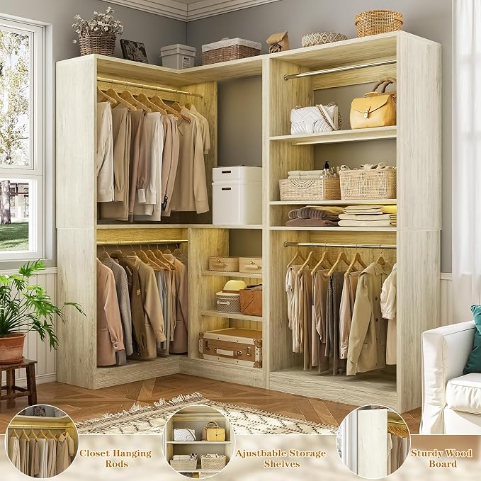 Unikito Corner Closet System, 72" L-Shaped Closet Organizer with 4 Hanging Rods, Freestanding Walk-in Closet Storage Tower for Bedroom, White Oak