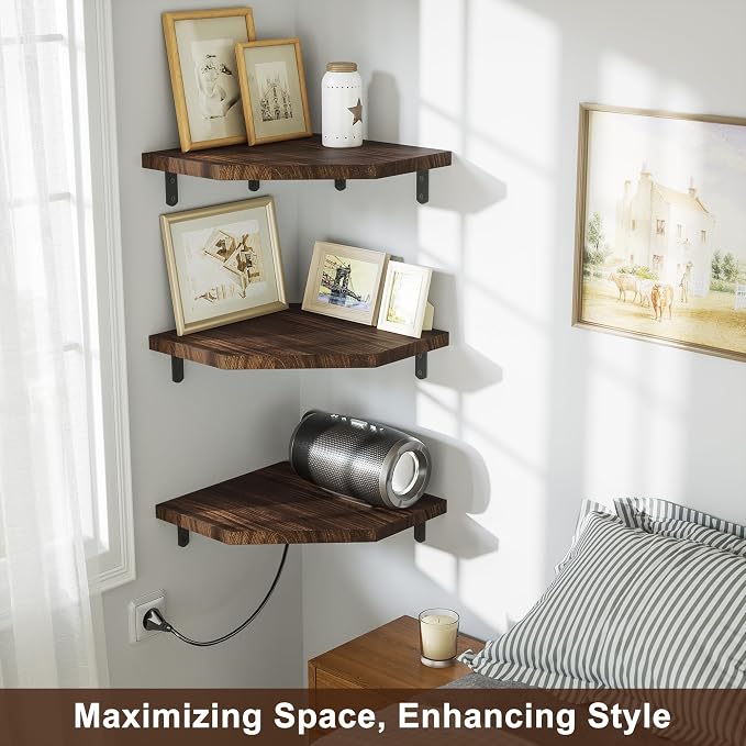 Alsonerbay Pine Wood Corner Shelves with Cord Hole 3-Pack, Carbonized Black | Diamond-shaped, cable management, 40 lbs/shelf, 0.79" thick pine, L-shaped metal brackets, for router & media devices