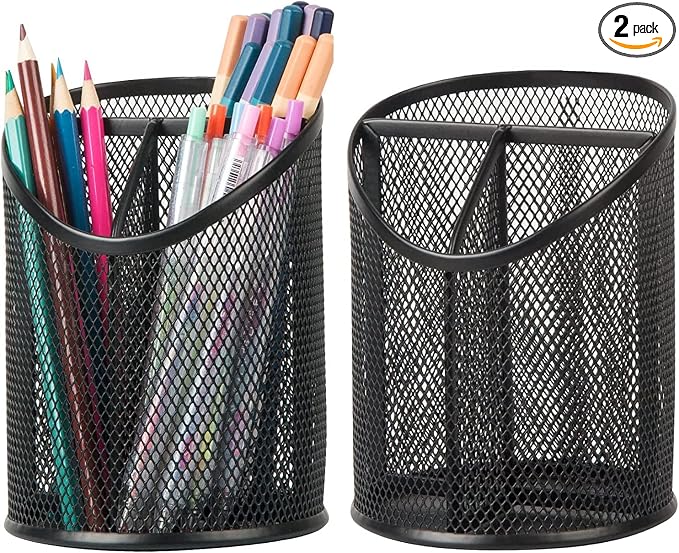 Delifox 2 Pack Pen Holder Mesh Round Pencil Holder Desktop Organizer 3 Compartments, Black