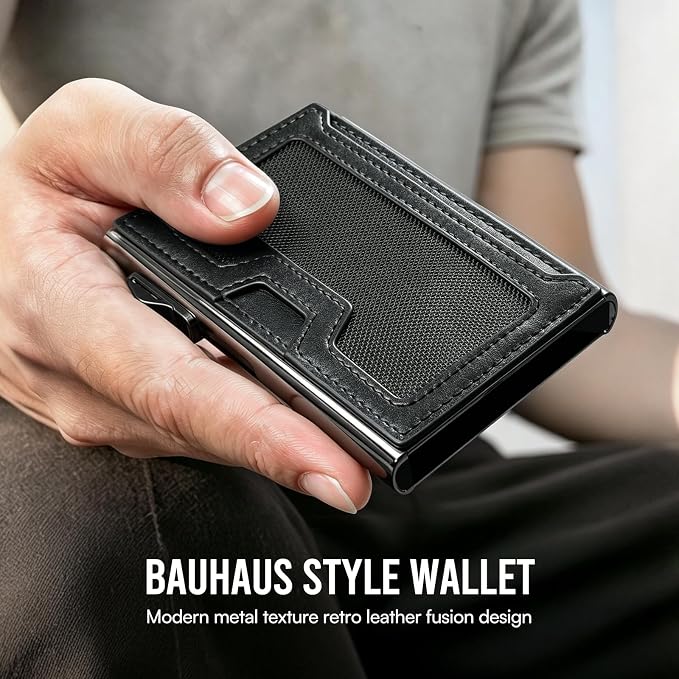 Bauhaus Slim Wallet for Men Pop-Up Card Holder | Ultra-Thin RFID NFC Blocking Automatic Ejector | Lycra Elastic Pocket Holds 7 Cards + ID + AirTag + Cash | Gift for Men Black and Gunmetal