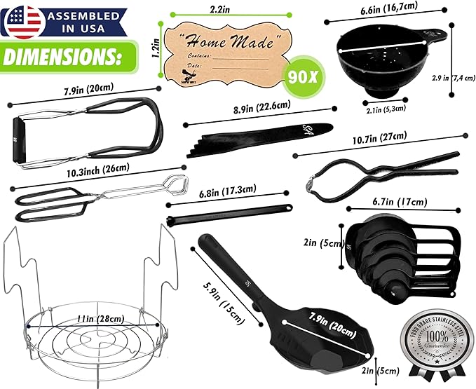 Supa Ant Complete Canning Supplies Starter Kit – 10pc Food-Grade Steel Set with XL Ladle, 6 Measuring Cups, Jar Lifter, Funnel, Canning Rack (7-Jar Capacity) & 90 Labels – Beginner-Friendly, Black