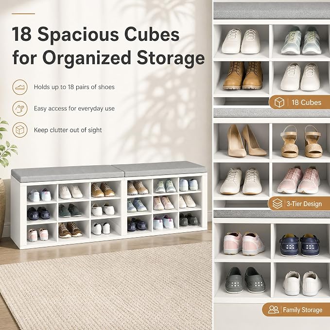 Shoe Storage Bench with Padded Seat, 18-Cubby Shoe Organizer for Entryway, 59.1" Long 700 lb Capacity, for Living Room, Bedroom, Hallway (Whiteboard with Light Gray, Linen, Sponge)