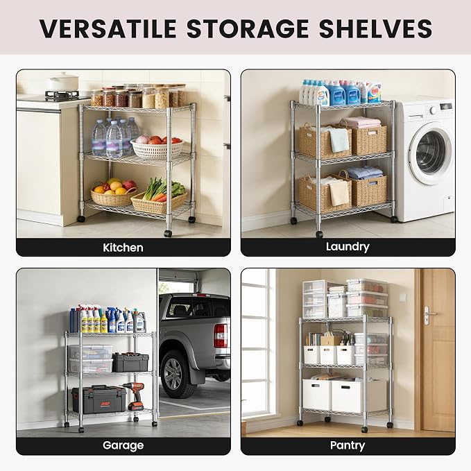 Xcity Storage Shelves, 3 Tier Heavy Duty Metal Shelving Unit with Wheels, 1050 LBS Adjustable Steel Wire Shelf for Commercial, Pantry, Kitchen, Garage, 14" D x 24" W x 30" H, Chrome