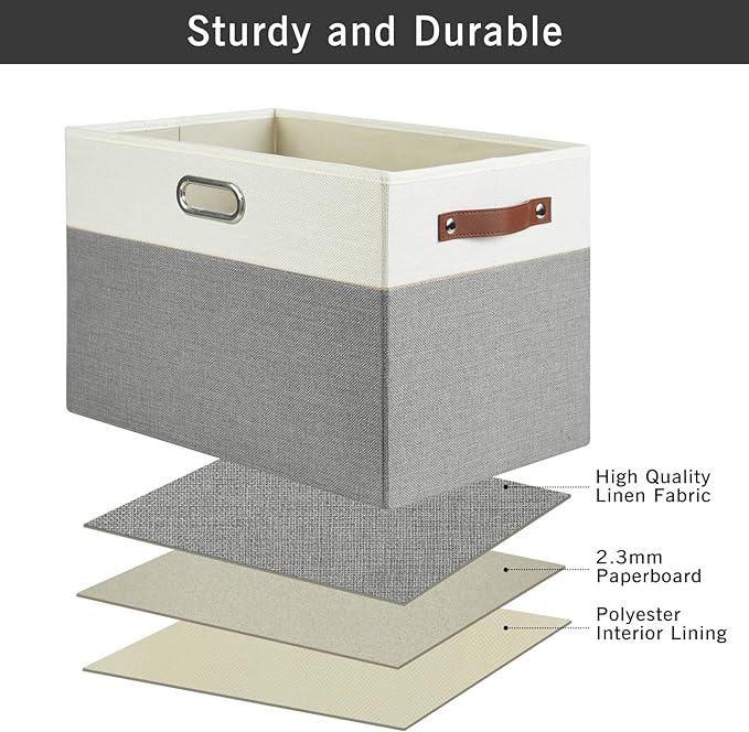 Bagnizer Large Collapsible Fabric Storage Bins with 3 Handles, Foldable Organizer Baskets for Closet, Shelves, Living Room | 3 Pack, Durable PU & Metal Handles (17"x11.8"x11.8", Gray & White)