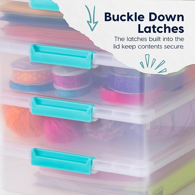 IRIS USA 6 Qt. Craft Storage Bins with Lids, 4-Pack, |Made in USA|, Clip Box, Small Plastic Sensory Bin Tote Organizer Containers for Art Supplies, Paper, & Office, Stackable - Clear/Seafoam Blue