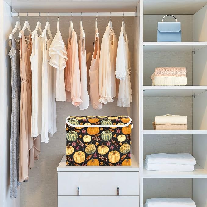 CaTaKu Pumpkins Fall Leaves Storage Bins with Lids and Handles, Fabric Large Storage Container Cube Basket with Lid Decorative Storage Boxes for Organizing Clothes