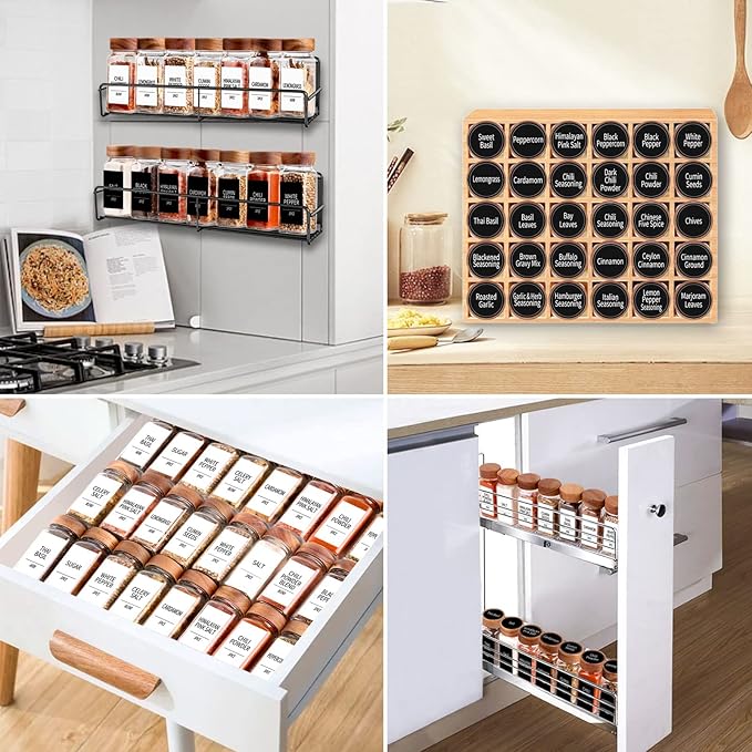 Churboro 24 Pack 4oz Glass Spice Jars with 547 Labels, Acacia Wood Lids | Empty Square Spice Bottles with Acacia Wood lids, Labels, Funnel & Chalk Pen. Keep Seasoning Containers Neat and Organized