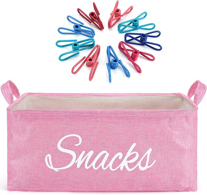 Newtay 17 Pcs Snack Basket Sets, Snack Storage Bin for Pantry Shelves with 16 Pcs 2 Inch Chip Clips, Basket Organizer for Kitchen Home, Chips, Popcorn, Candy, Pretzels (Pink,Burlap)