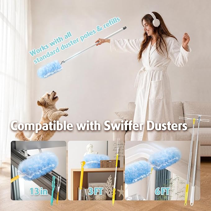 30 Count Heavy Duty Duster Refills with 3 ft Extendable Handle Starter Kit, Compatible with Swiffer Disposable Microfiber Feather Dusters for Cleaning Home