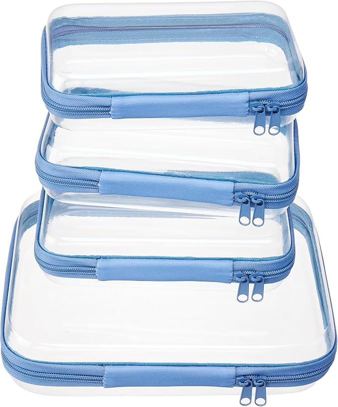 4 pcs Clear Zipper Pouches,Hard Shell Zipper Case, Toiletry Bag for Travel | CLear Diaper Bag, Toiletry Pouch, Travel Organizer, Cosmetic Bag,Toy Storage Bins (M+3S) (Blue)