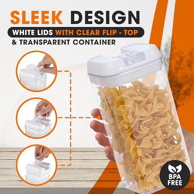 Set of 6 Airtight Food Storage Containers - Pantry Organizer Bins, BPA Free Plastic Containers plus Dry Erase Marker and Labels, White